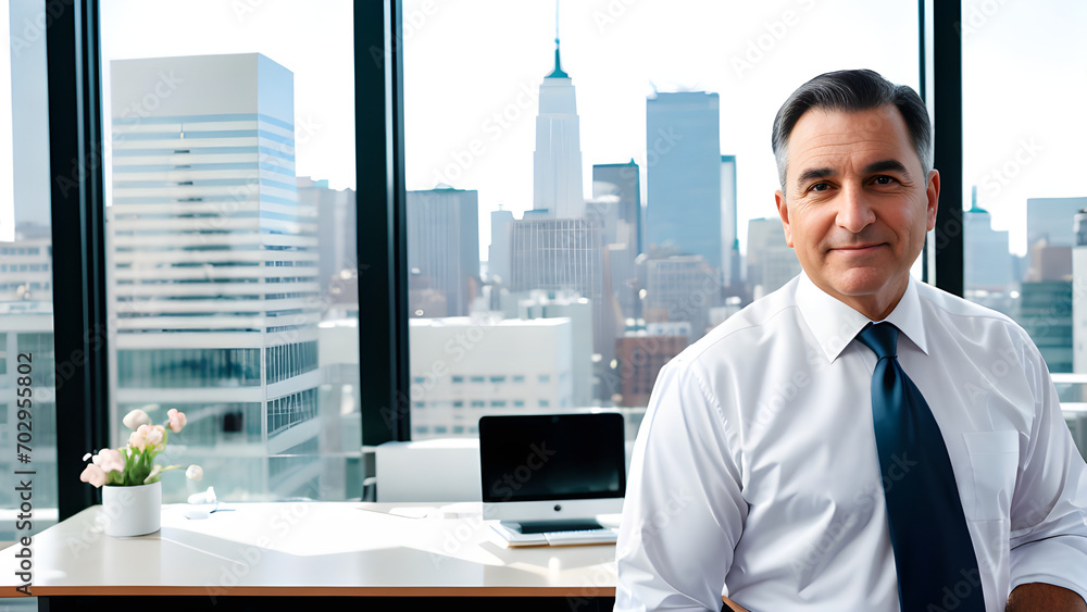Fototapeta premium A professional middle-aged man in a white shirt and blue tie in an office with a view of the New York skyline.