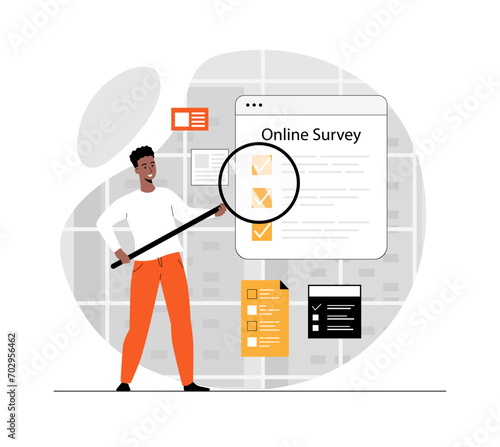 Online survey concept. Online testing, examination in mobile app, answering in digital form, feedback. Illustration with people scene in flat design for website and mobile development.