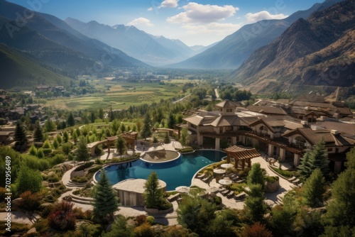 An aerial view of a luxury resort nestled in the mountains with a sparkling pool