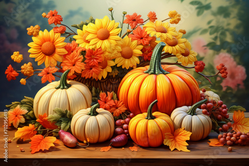 Background of autumn with pumpkins and maple leavesBackground of Thanksgiving or the harvest