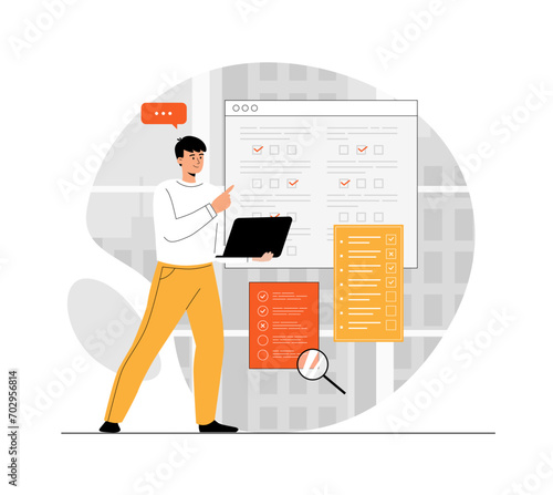 Online survey concept. Opinion questionnaire forms. Man fill out survey forms online on the web pages. Illustration with people scene in flat design for website and mobile development.