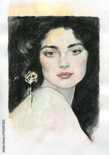 woman portrait with rose. watercolor painting. illustration