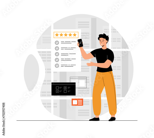 Online survey concept. Feedback service. Man give feedback, choose answers, make decisions and research. Illustration with people scene in flat design for website and mobile development.