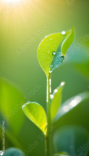 Young plant with drop of water in sunlight, Growing plant grow up