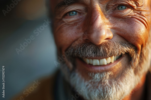 Close up shot of smiling bearded elderly man. Male mouth with teeth. Positive emotion photo