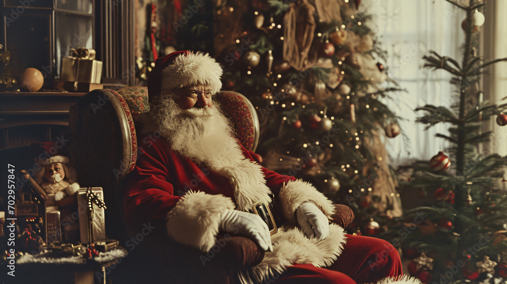 vintage Santa Claus relaxing in his chair, postcard
