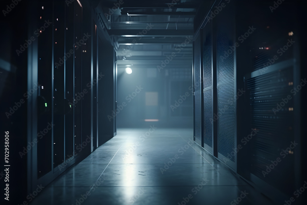 Shot of Data Center With Multiple Rows of Fully Operational Server Racks. Modern Telecommunications. Neural network AI generated art