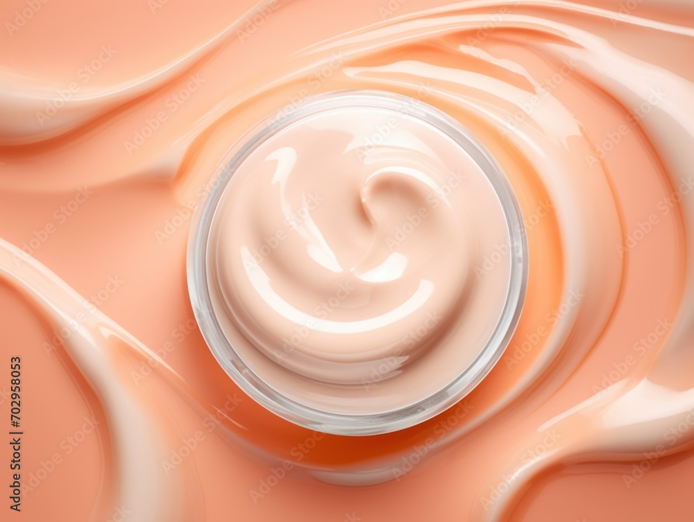 image of a glass jar of face cream on a peach-colored background. concept cosmetics, body care, beauty, makeup, soft, liquid image of a glass jar of face cream on a peach-colored background. concept cosmetics, body care, beauty, makeup, soft, liquid