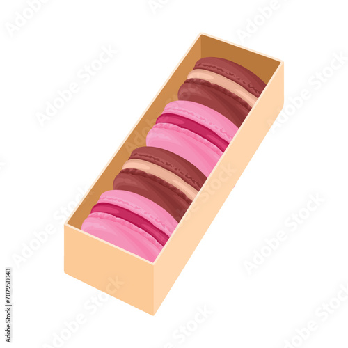 Macarons in box. Vector cartoon illustration of chocolate and berry macaroons.