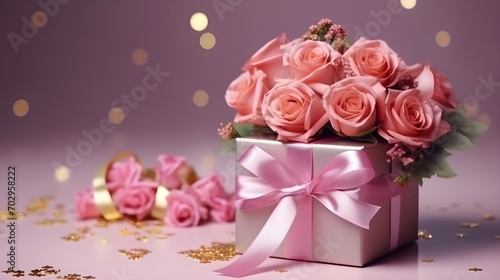 A gift box and a bouquet of roses on a lilac background © Ольга Дорофеева