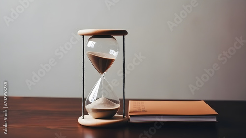An hourglass and a diary on a wooden table