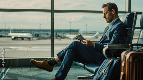 Businessman in a suit sitting at an airport terminal © MP Studio