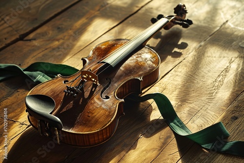 Old violin on a wooden background. Close-up. String musical instrument. Concept of classical music. Irish ambiance, Ireland photo