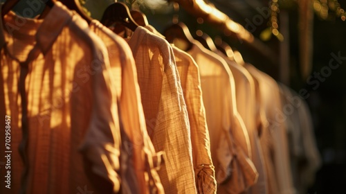 clothes on hangers in a closet or dressing room, in a soft warm pastel peach light. blur, blur. concept: clothes, order, furniture, store, sale, shirts