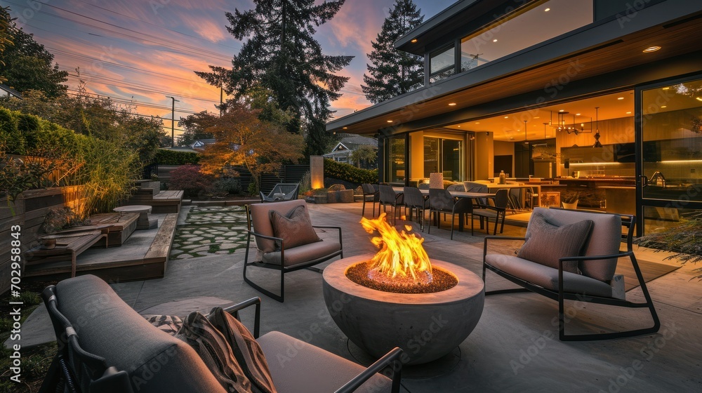relaxation and socializing concept Outdoor backyard fire pit with gray modern outdoor furniture, chairs sitting on residential terrace at sunset. concept house, comfort, evening relaxation - obrazy, fototapety, plakaty 