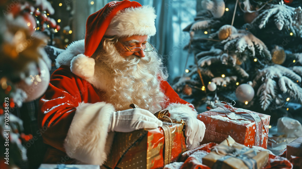 vintage Santa Claus wrapping presents, postcard.