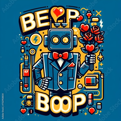 Text beep boop logo for Valentine's day of a robot in a suit.
 photo