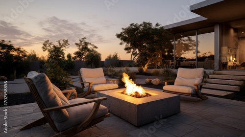 relaxation and socializing concept Outdoor backyard fire pit with gray modern outdoor furniture, chairs sitting on residential terrace at sunset. concept house, comfort, evening relaxation © Aksana