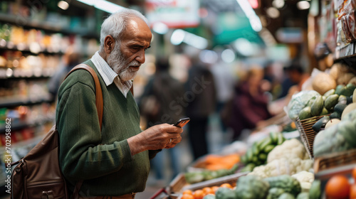 Senior man is smiling while looking at his smartphone, standing beside a shopping cart filled with groceries in a supermarket aisle.