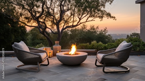 relaxation and socializing concept Outdoor backyard fire pit with gray modern outdoor furniture, chairs sitting on residential terrace at sunset. concept house, comfort, evening relaxation photo