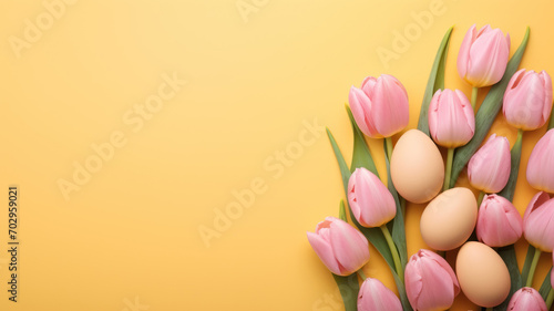 poster with place for text on the theme of spring and easter. Easter eggs and tulips layout top view with space for text. concept spring  easter  advertising