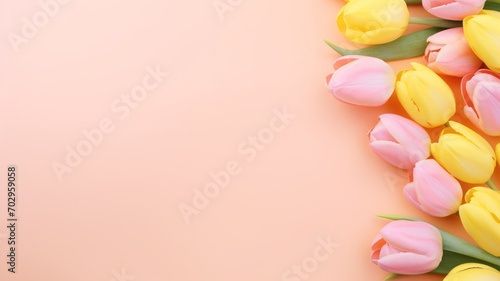 poster with place for text on the theme of spring and easter. Easter eggs and tulips layout top view with space for text. concept spring, easter, advertising #702959058