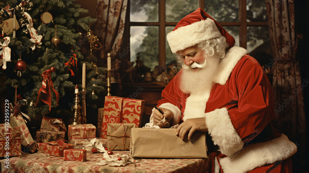 vintage Santa Claus wrapping presents, postcard.
