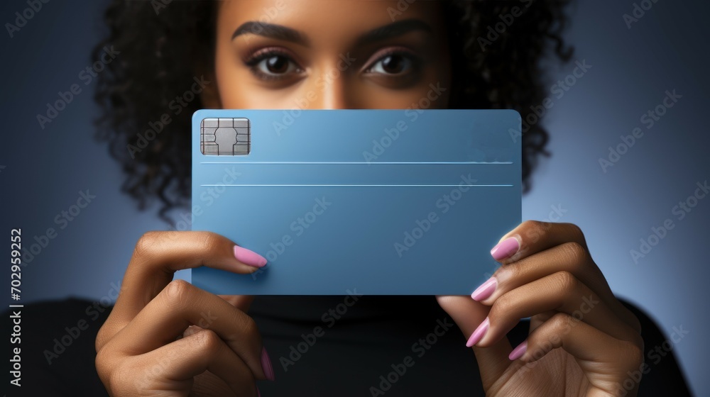 Naklejka premium A young girl holds a blue bank card in her hands, isolated on a blue background. Space for copy, message for presentation. Promotional platform, layout of advertising content.