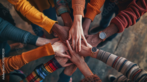 A top-down view of a group of friends stacking their hands together, symbolizing unity, teamwork, and mutual support in a casual setting. photo