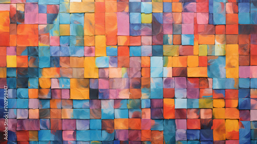 A painted collage a regular grid of multicolored