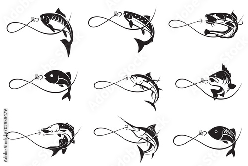 collection of fishing emblems with fish and hook isolated on white background