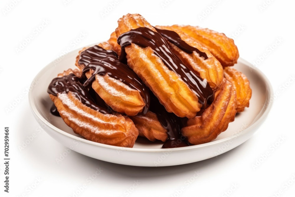 A heap of traditional Spanish dessert churros with chocolate sauce isolated on white background A heap of traditional Spanish dessert churros with chocolate sauce isolated on white background