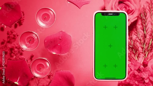 Phone with green screen chroma key on red and pink background with smoke close up , top view. Smartphone on summer bright texture studio shot. Composition of rose flowers and make photo