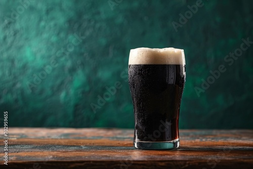 A pint of dark stout on table on a green wall background. Traditional rich and creamy Irish beer for St Patrick's Day celebration in a pub. Banner, background, poster with copy space 