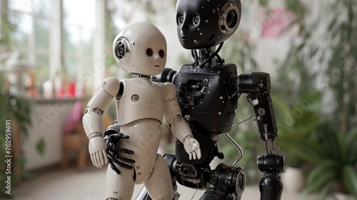 Robot mother posing with her robotic baby child.