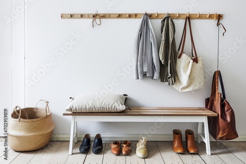 A fashionable indoor closet design featuring a wall of shoes and bags neatly displayed on a bench, evoking a sense of organization and style