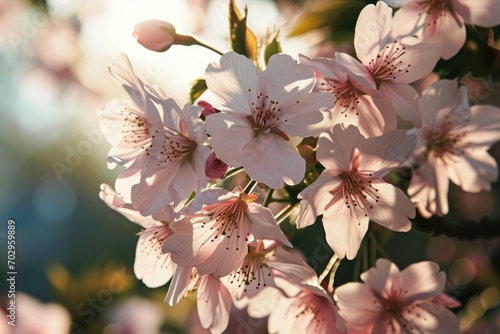 A delicate pink cherry blossom tree blooms in the spring, showcasing its soft petals and exuding the beauty of nature in the outdoor landscape