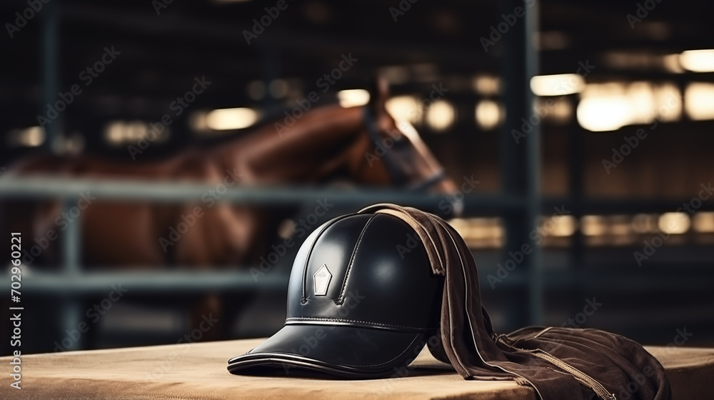 Jockey helmet, leather stack on the background of an equestrian arena - obrazy, fototapety, plakaty 