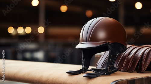 Jockey helmet, leather stack on the background of an equestrian arena