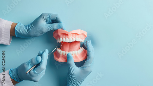 Practitioner's Hands Demonstrating Teeth Examination on a Dental Model Against a Clean Blue Background photo