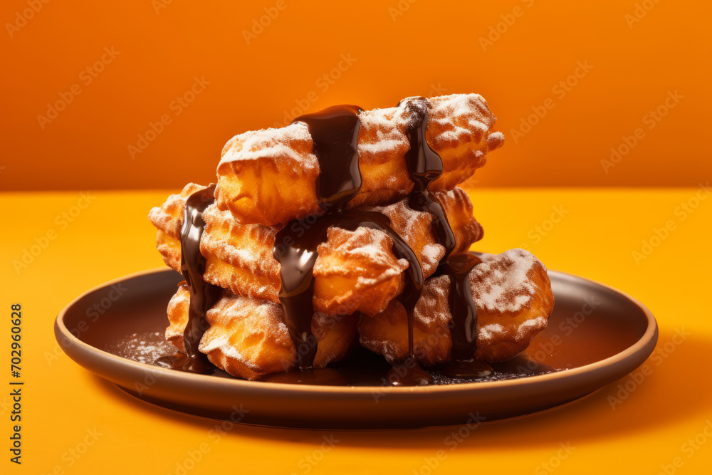 A heap of traditional Spanish dessert churros on the plate with chocolate sauce on yellow background A heap of traditional Spanish dessert churros on the plate with chocolate sauce on yellow background