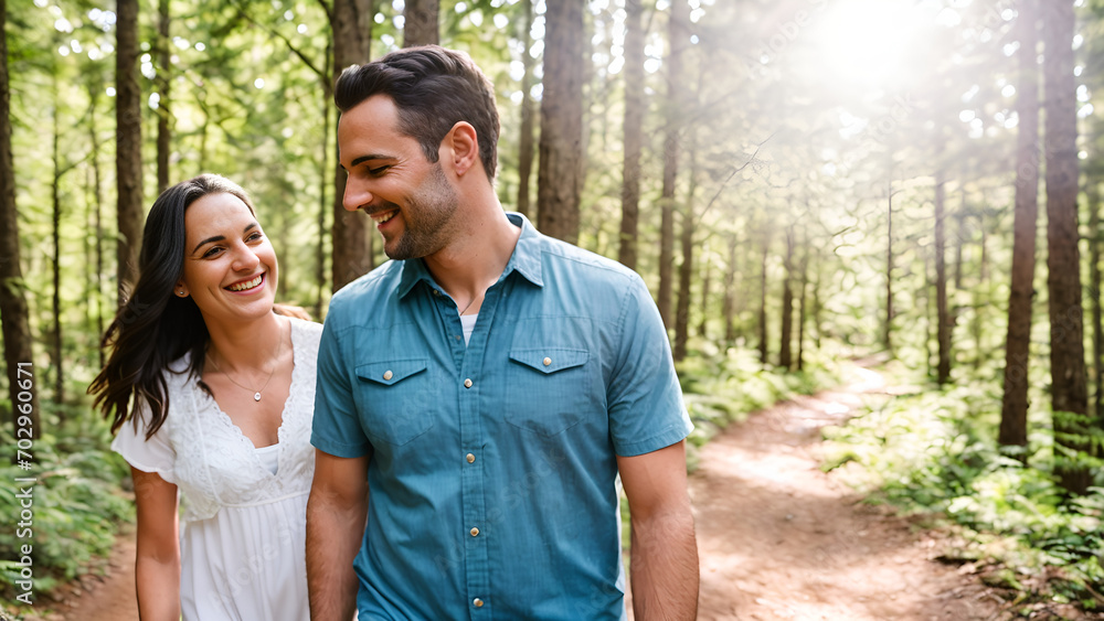 A happy couple, a woman in a white dress and a man in a blue shirt, walking together in a sunlit forest.