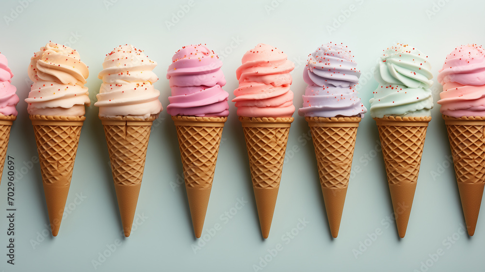 Set of delicious ice cream in waffle cones on a light blue background Set of delicious ice cream in waffle cones on a light blue background