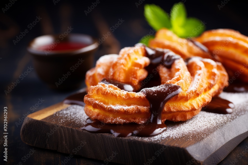 A heap of traditional Spanish dessert churros on the wooden board with powdered sugar and chocolate A heap of traditional Spanish dessert churros on the wooden board with powdered sugar and chocolate