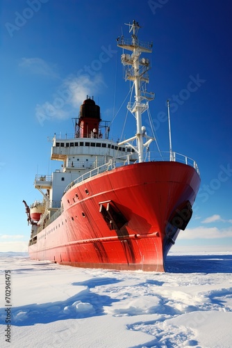 Red icebreaker in the middle of Arctic ocean. Copy space.