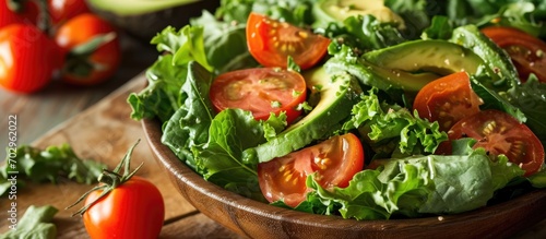 Organic lettuce with tomatoes and avocado contains nutrients for weight loss, immunity, vitamins, and metabolism.