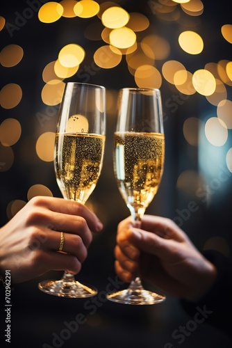 Two glasses with champagne on blurred background. Happy New Year