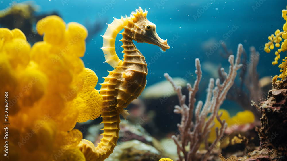 A yellow seahorse in his natural environment bubb