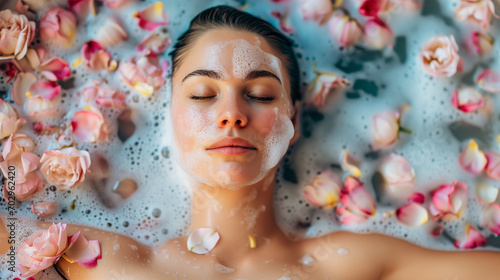 woman covering with foam, taking a bath in bathtube with flower petals and foam. Concept of self-love, self-care, wellness, time for yourself, spa relaxation photo