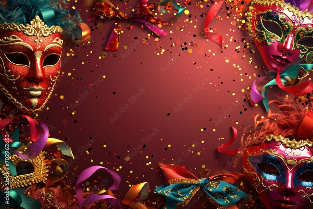 .Vibrant masquerade masks, confetti, serpentine, and bows create a festive background framing the image. In the center, an empty space awaits your text